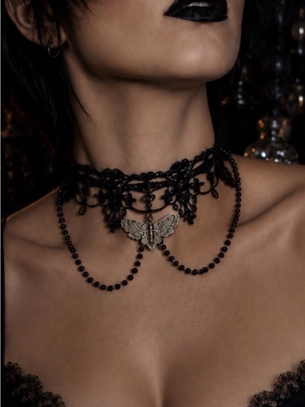 Hand Crafted Black Lace Choker with Silver Moth and Bead Drapes